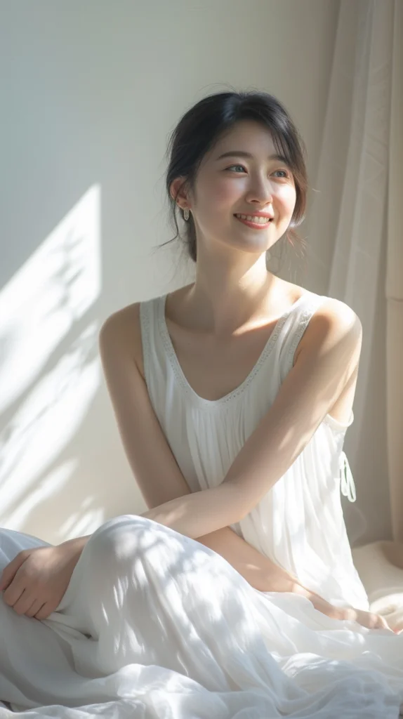部屋でくつろぐ35歳の日本人女性の画像