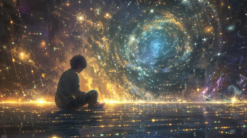 宇宙について思考するAIをデジタルの脳で表した画像