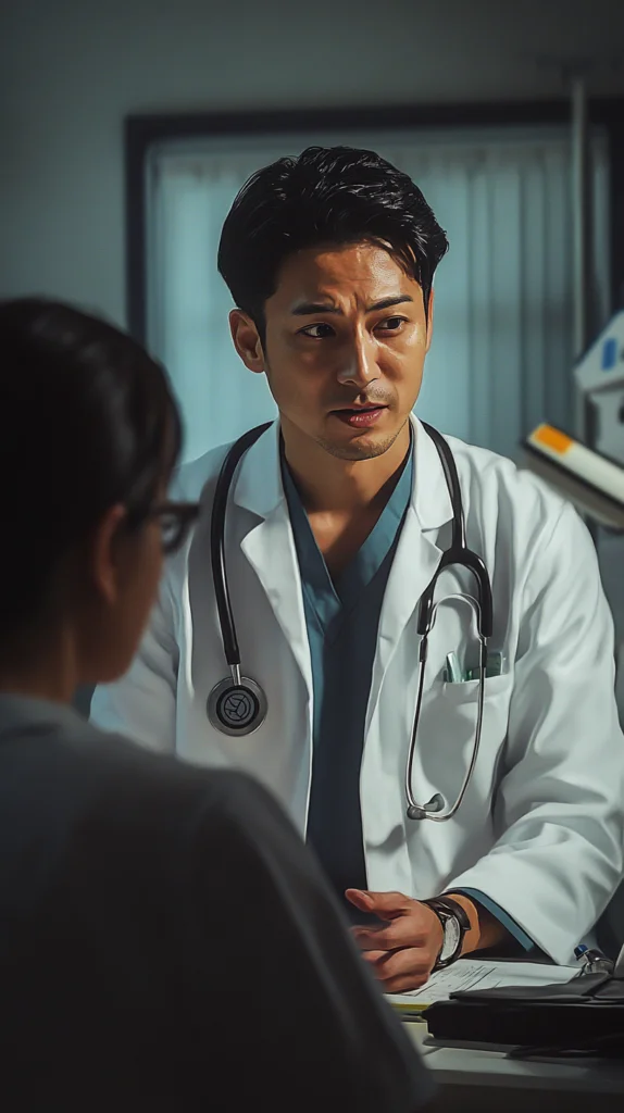 40代の日本人男性医師が患者に説明している画像