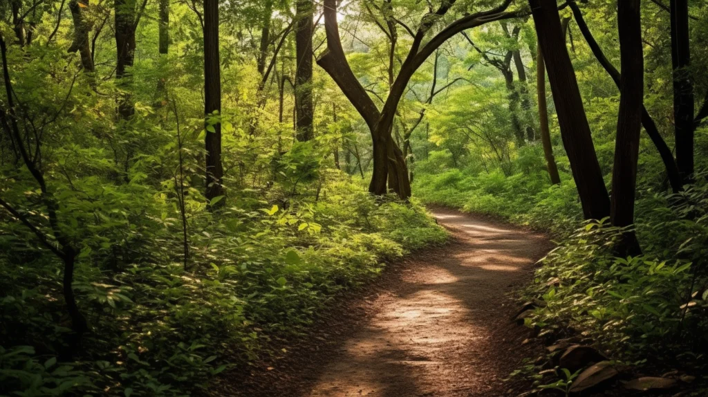 緑の中を抜ける静かな小道の画像