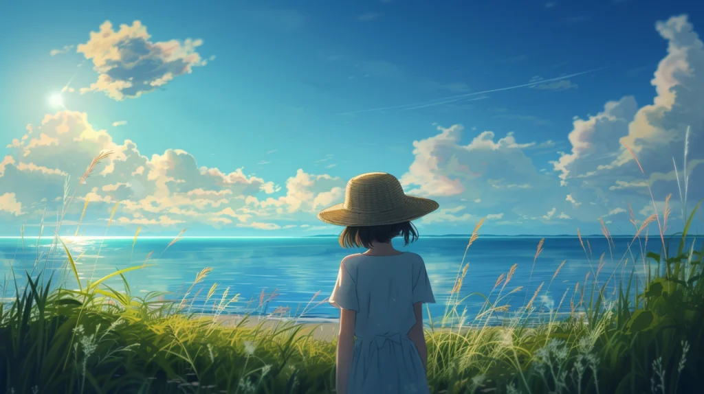 麦わら帽子をかぶって海を見つめる少女の画像