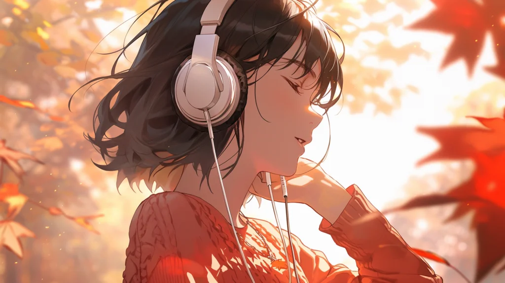 音楽を聴いている若い女性の画像