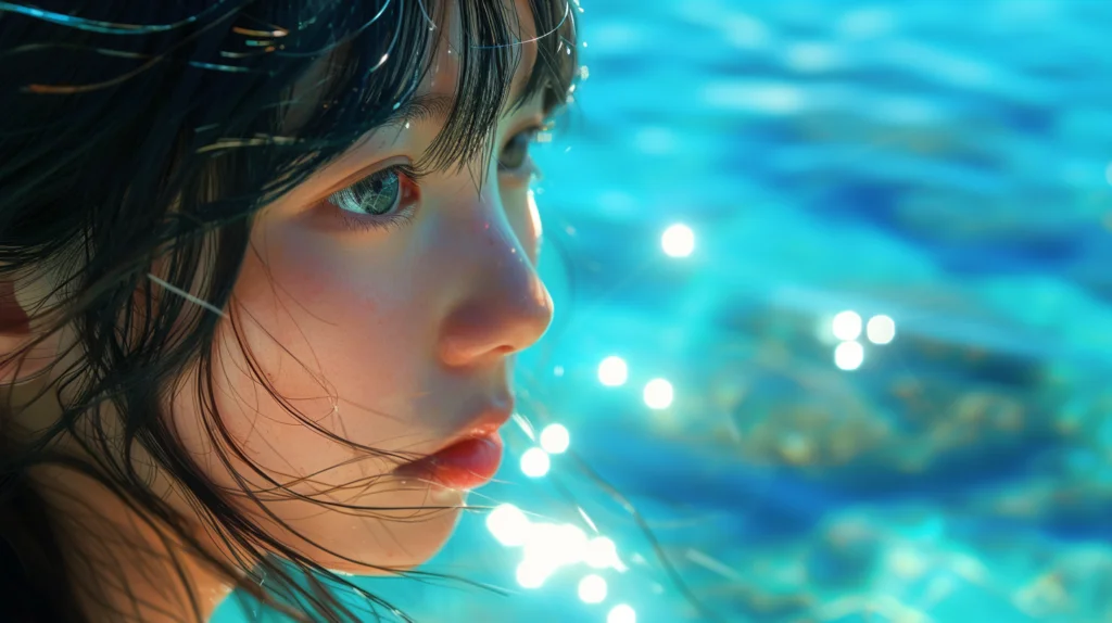 離島の澄んだ海を見つめる少女の画像
