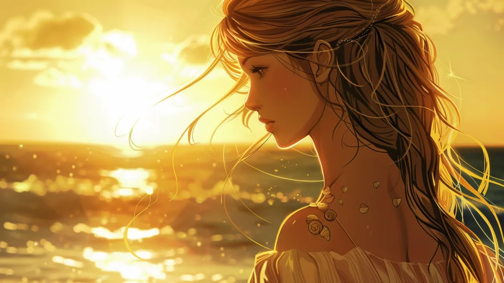 長い髪の女性が海を見ている画像
