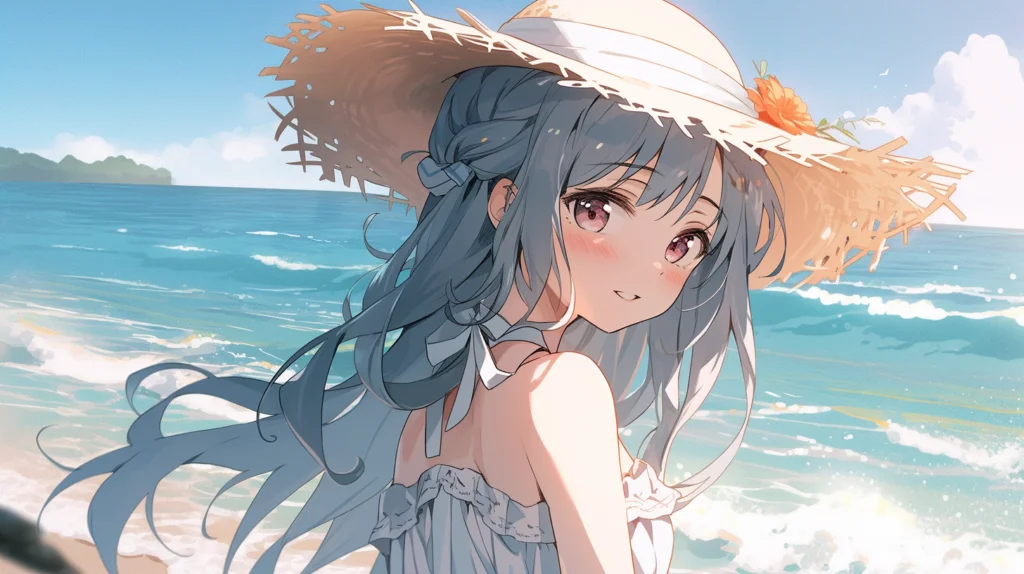 麦わら帽子をかぶって海を見つめる少女の画像