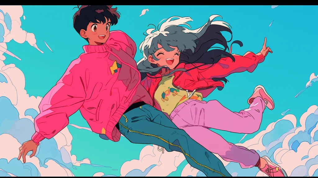 空を飛ぶ2人のキャラクターを鮮やかな色で描いた画像