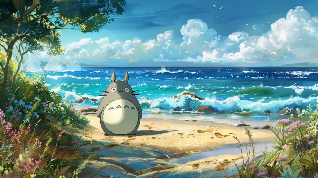 海辺に立つ大きなキャラクターと打ち寄せる波の画像