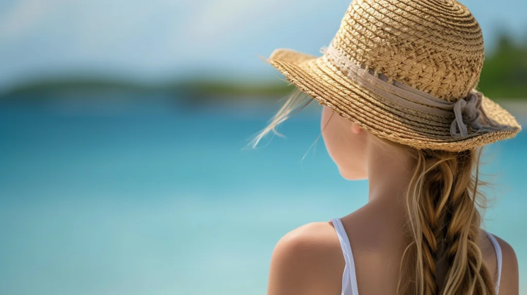 麦わら帽子をかぶって海を見つめる少女の画像