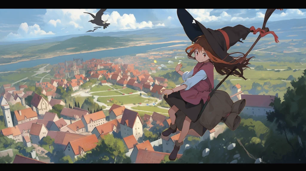 ほうきに乗って空を飛ぶ魔女の画像