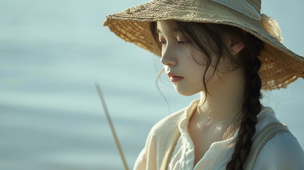 麦わら帽子をかぶって海を見つめる少女の画像