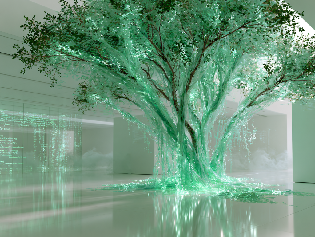 光る緑のコードが植物のように伸びて、白い展示空間に大きなデジタルの樹を形づくっている