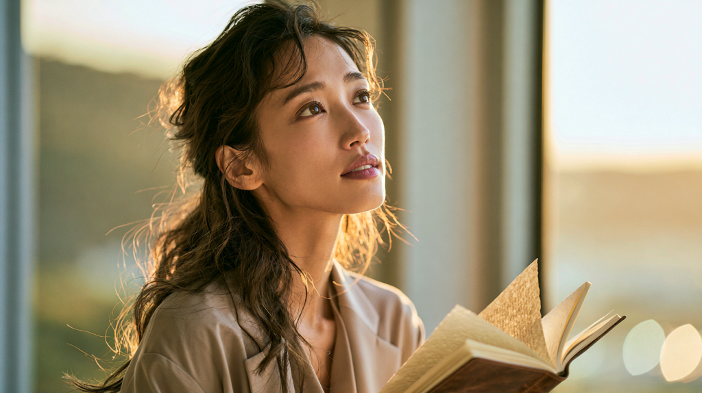 革の手帳を見ながら、ふと顔を上げる30代の女性。窓から夕方の光が差している
