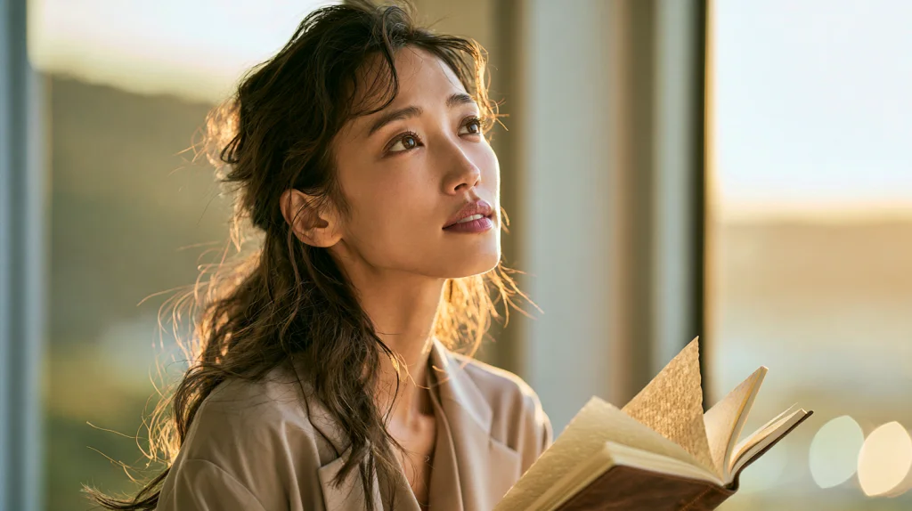 革の手帳を見ながら、ふと顔を上げる30代の女性。窓から夕方の光が差している