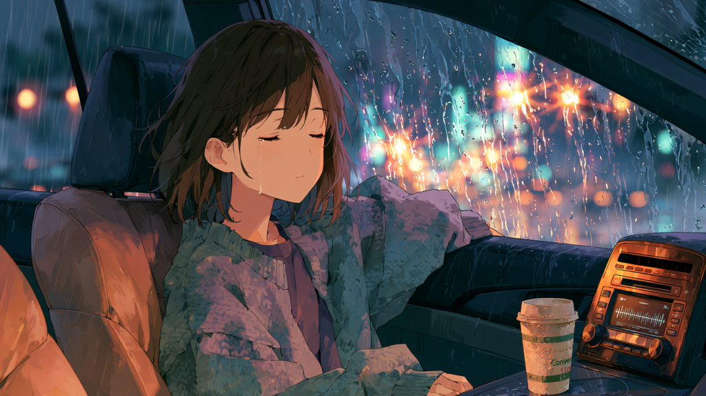 深夜の雨。車の助手席で目を閉じる女性。窓のしずくにネオンが映っている
