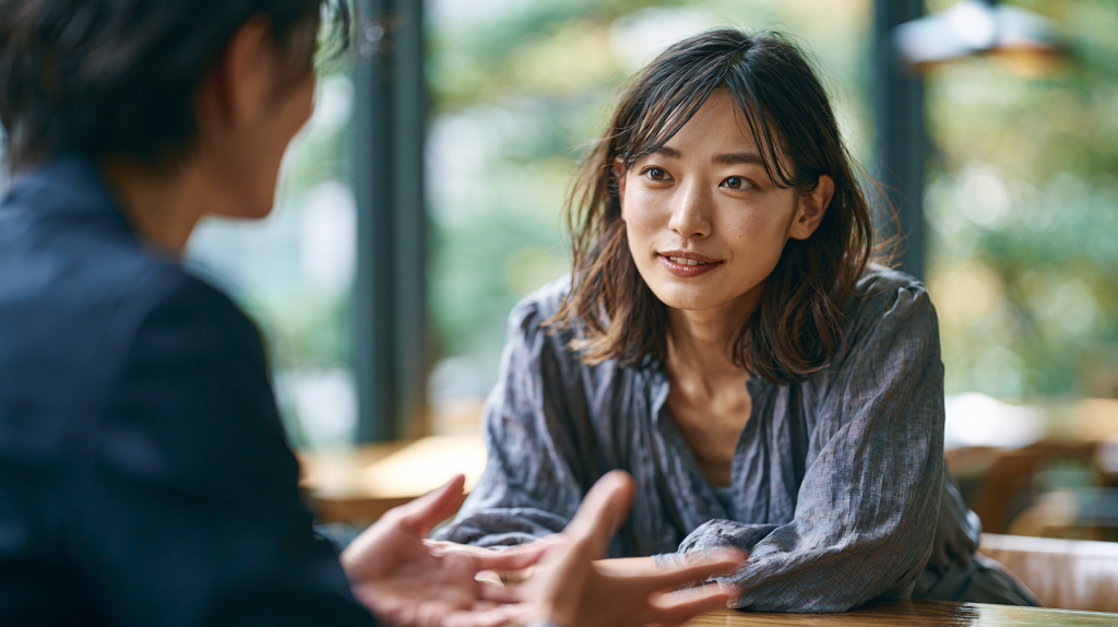 東京のオフィスで身を乗り出して話を聴く女性と、手ぶりで話す同僚の手