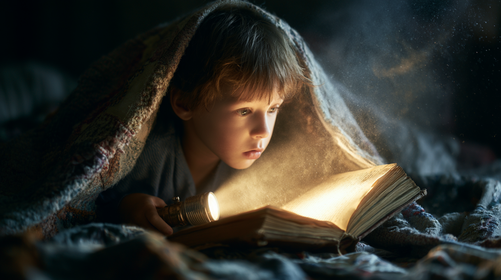 真夜中、毛布の中で懐中電灯を持ち、古い本のページを照らしている少年