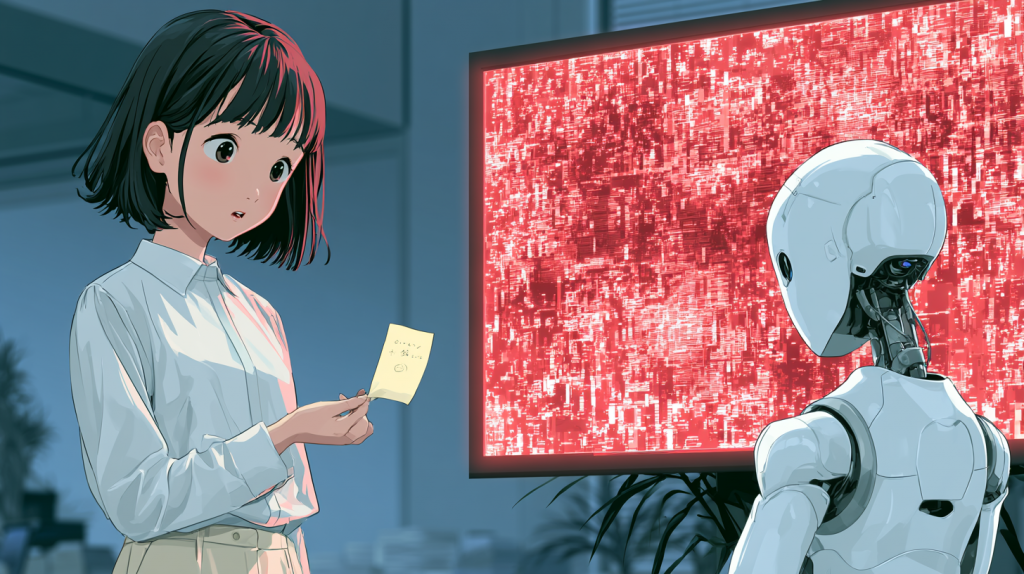 左の女性が付箋を差し出し、右のAIロボットが赤いエラー画面を出している