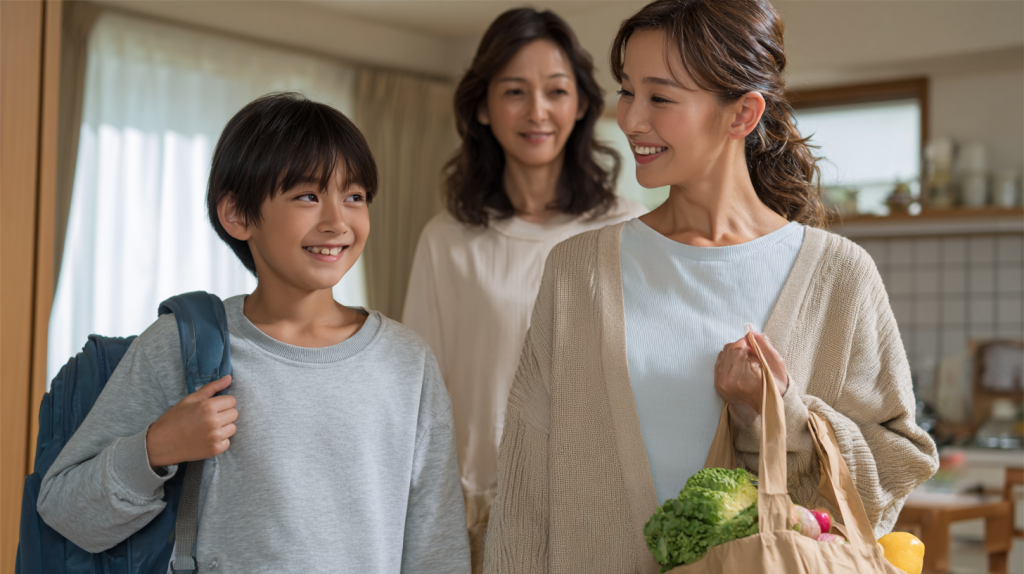 部活へ出かける子どもを見送る母親。左に余白がある家庭の場面