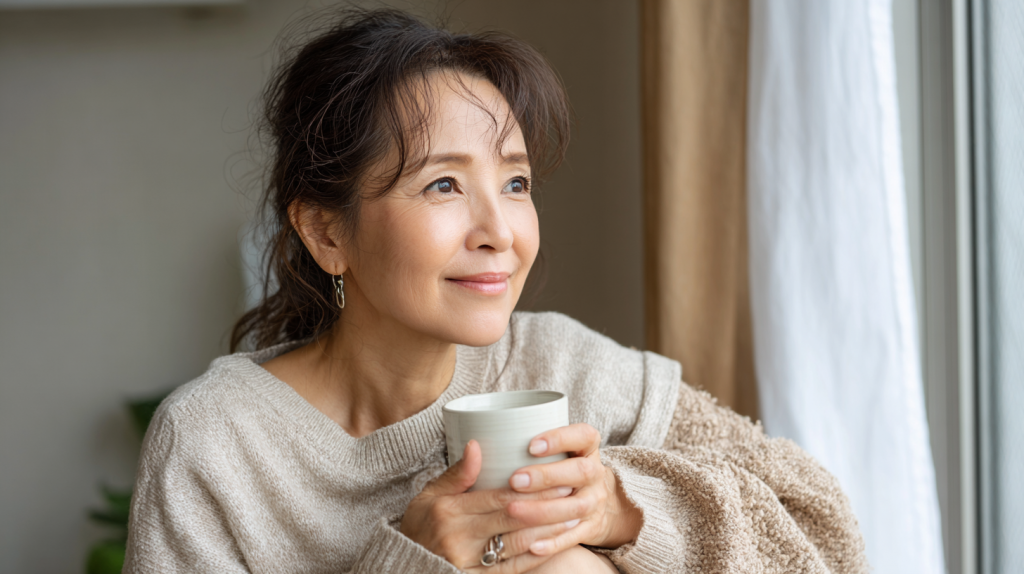 窓辺で温かい飲み物を持ち、くつろいでいる50代から60代の人。左に余白