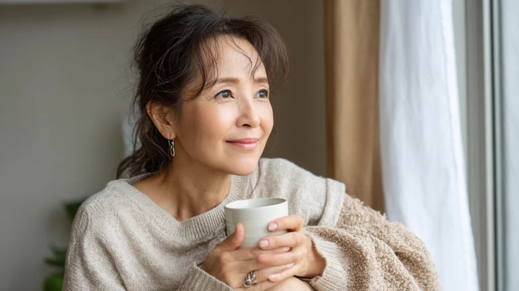 窓辺で温かい飲み物を持ち、くつろいでいる50代から60代の人。左に余白