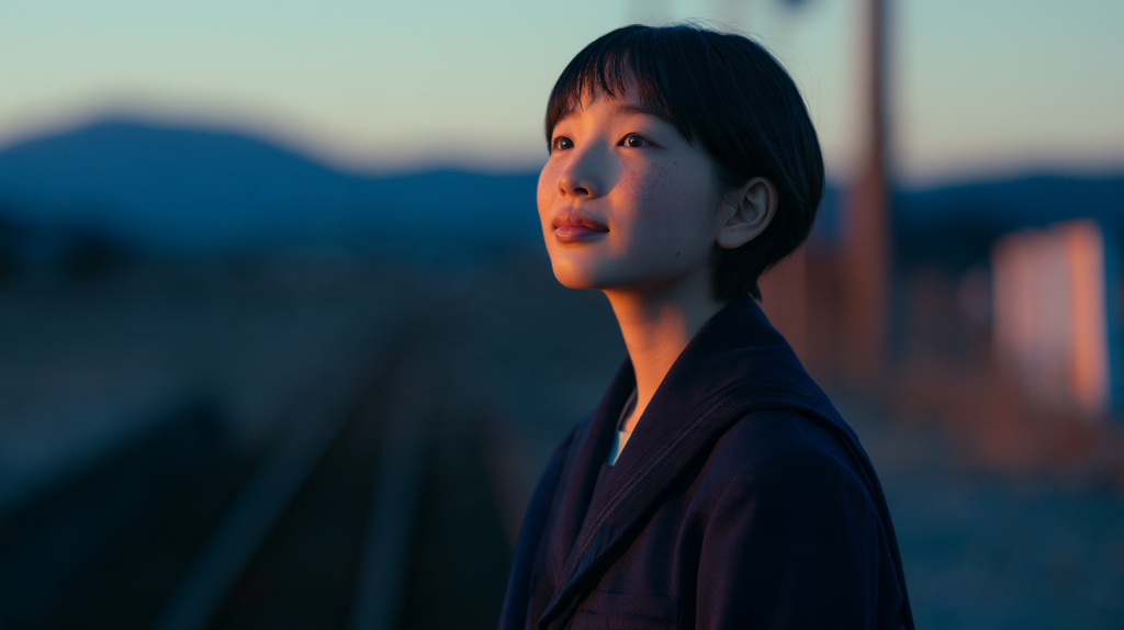 同じ文をMidjourney V8.1で生成した、夕暮れに空を見上げる制服の学生の画像