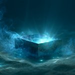 深い海の底で、ふたの開いた宝箱から青い光があふれている