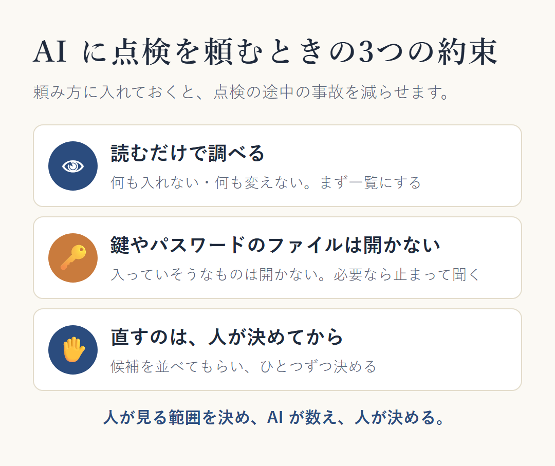 AI に点検を頼むときの3つの約束。読むだけで調べる（何も入れない・変えない）、鍵やパスワードが入っていそうなファイルは開かない（必要なら止まって聞く）、直すのは人が決めてから